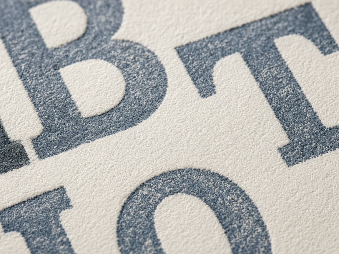 Nahaufnahme blauer Letterpress-Buchstaben auf grobem, cremefarbenem Papier