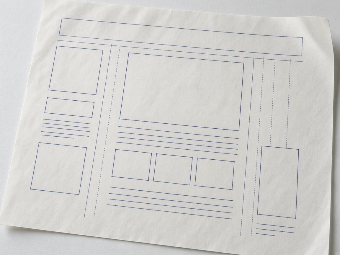 Handskizze eines Website-Rasters mit blauen Linien auf Transparentpapier