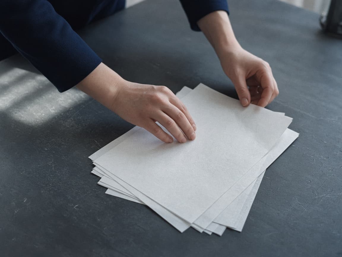 Hände legen einen Stapel weißes Papier auf einem dunklen Schreibtisch zurecht
